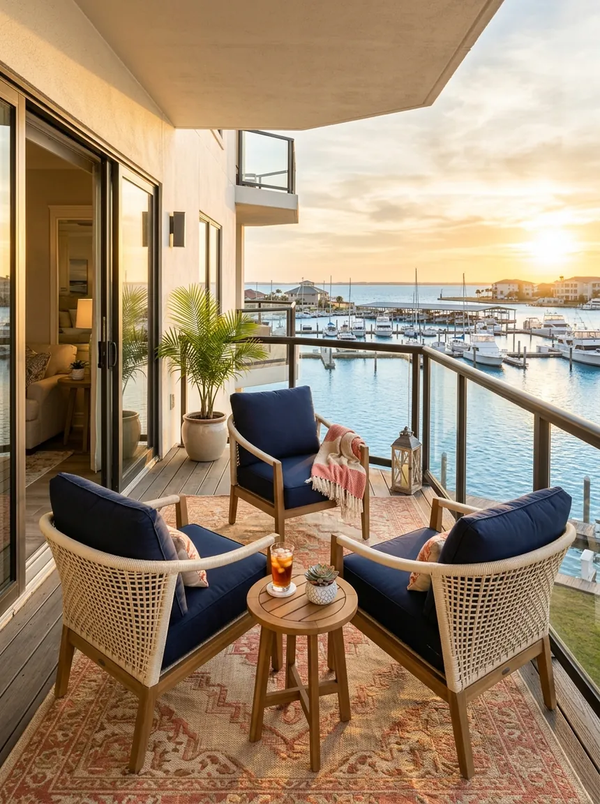 Waterfront condo balcony at sunset